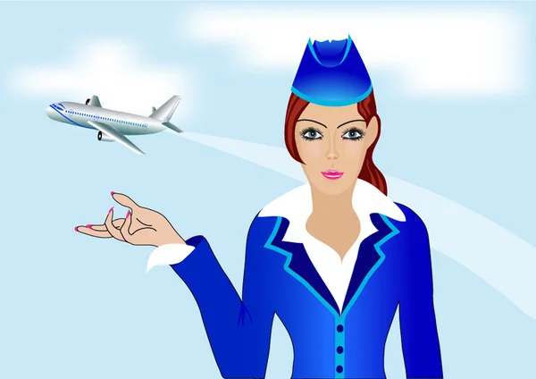 Junge Stewardess im Hintergrund des Flugzeugs — Stockvektor