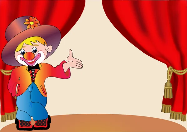 Joyeux clown sur scène avec rideau — Image vectorielle