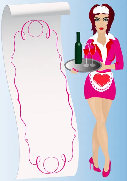 Servírka drží na zásobník víno a skleničky — Stockový vektor