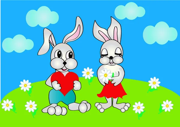 Kaninchen schenkt Weibchen Herz, das Blüten hält — Stockvektor