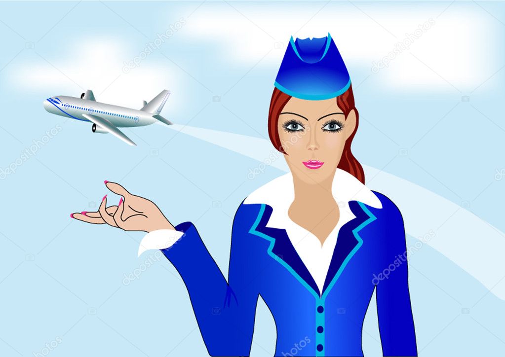 Young stewardess on background of the plane