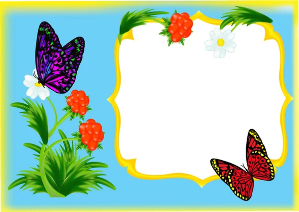 Cadre avec papillon sur fleur et baie — Image vectorielle