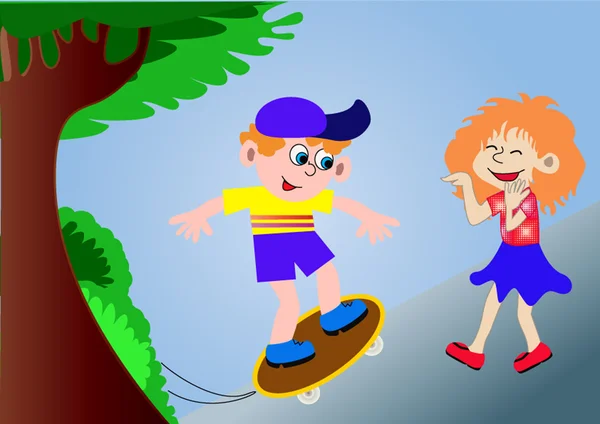 De jongen op een skateboard en het lachen meisje — Stockvector