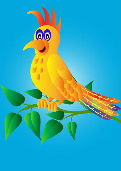 Веселый попугай на ветке с листом — стоковый вектор
