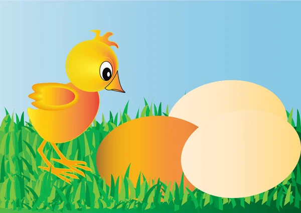 Nestling und Ei auf grünem Kraut — Stockvektor