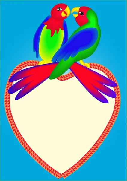 Dois papagaios brilhantes no coração beijam-se — Vetor de Stock