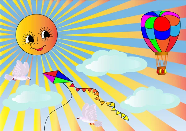 Gondola és a levegő kígyó a háttérben ég és a nap — Stock Vector
