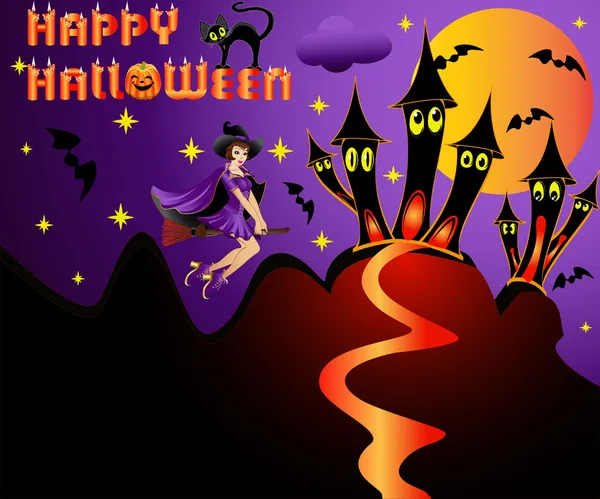 Illustration Urlaub Halloween Hexe auf dem Besen — Stockvektor