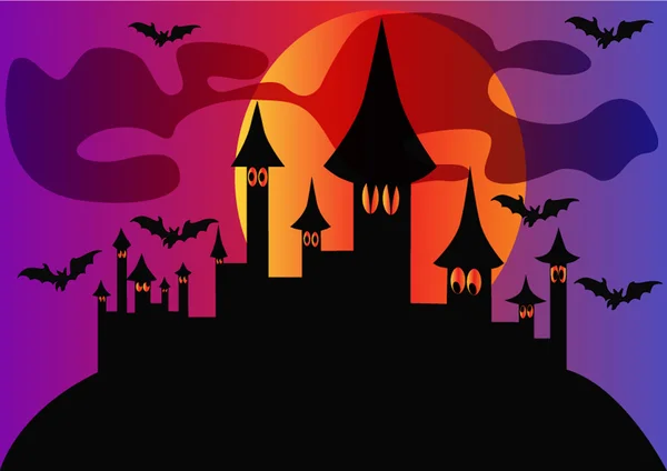 Casa de Halloween feriado e morcegos no fundo — Vetor de Stock