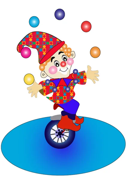 Clown op fiets gooit de ballen. — Stockvector