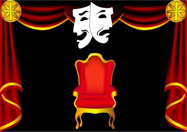 sahne tiyatro perdesi sandalye ve maske ile