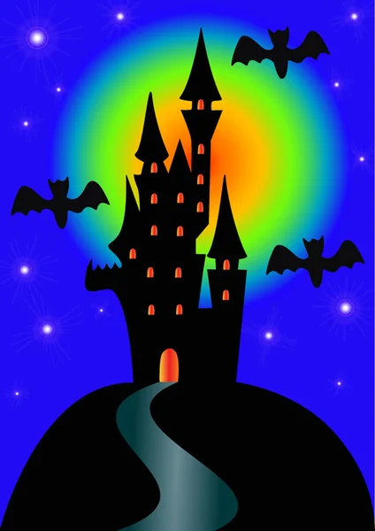 Ночной замок и летучая мышь на праздник Хэллоуин — стоковый вектор