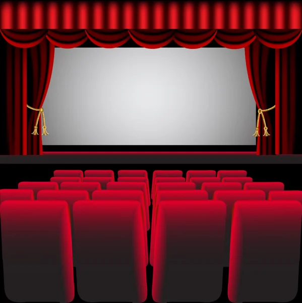 Bioscoop zaal met rood gordijn en luie stoel — Stockvector