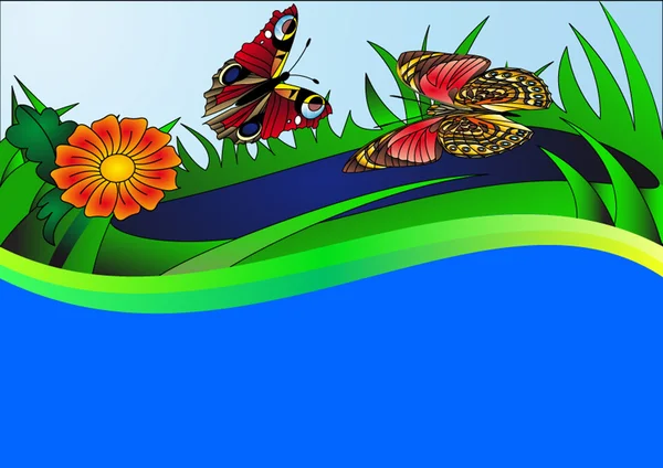 Hintergrund mit Schmetterlingsblume und Wasser — Stockvektor