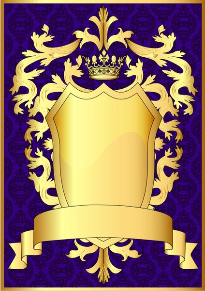 Shield and gold royal crown with pattern and tape — Stock Vector