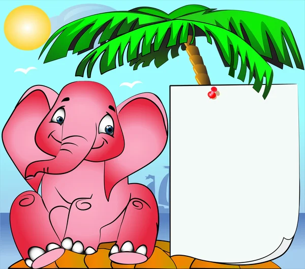 Roze olifant op het eiland en papier vastzetten op palm — Stockvector