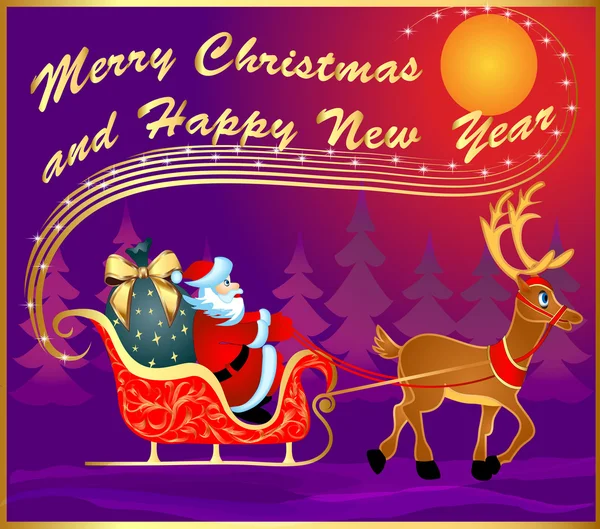 Cartolina festiva con slitta di cervo e Babbo Natale — Vettoriale Stock