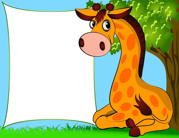 Girafa sentada ao lado de papéis e árvore —  Vetores de Stock