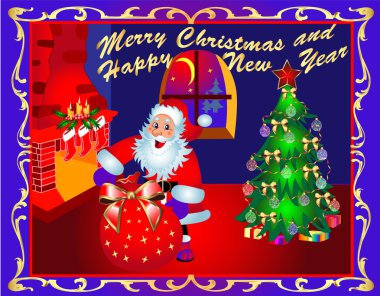 Of Santa with a bag near to a fur tree in a room with a firepla clipart