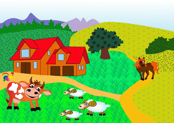 Tanya állat-ló, tehén, a dada kecske és a kakas — Stock Vector