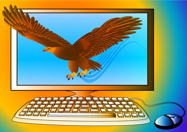Potężny komputer jako silny Orłem latający z monitora — Wektor stockowy