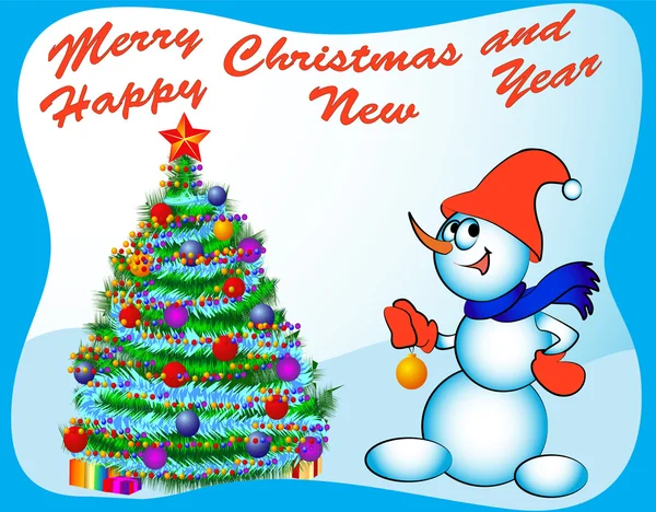 Snowman dresses fir tree festive ball and toy — Stock Vector