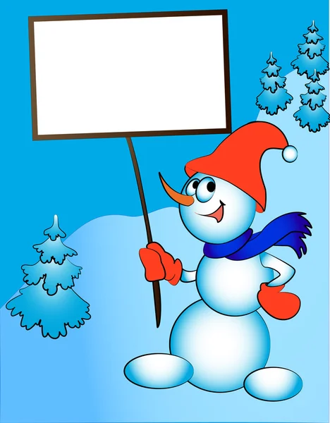 Vidám hóember tartja a kezében a billboard — Stock Vector
