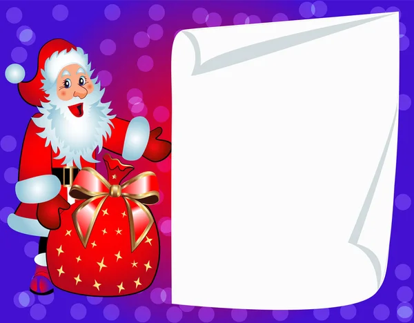 Weihnachtsmann mit Tasche und sauberem Papier für Einladung — Stockvektor