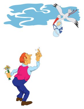 Stork with a baby and a man clipart