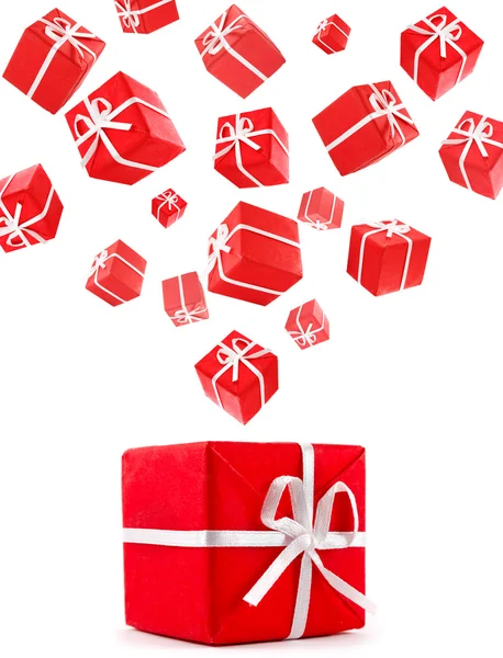 Fliegende rote Geschenkboxen — Stockfoto