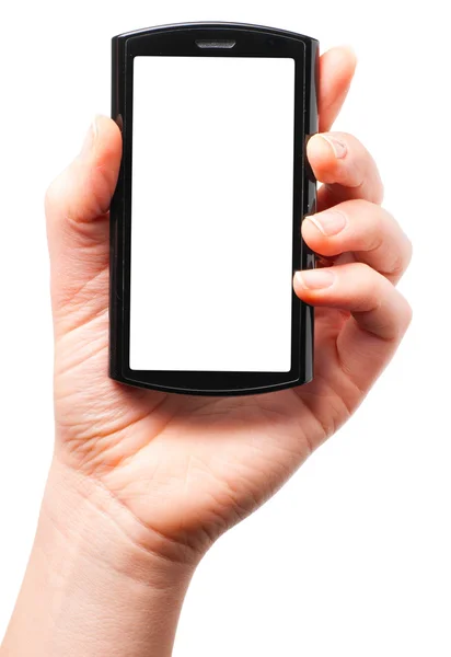 Segurando um telefone de tela de toque moderno — Fotografia de Stock