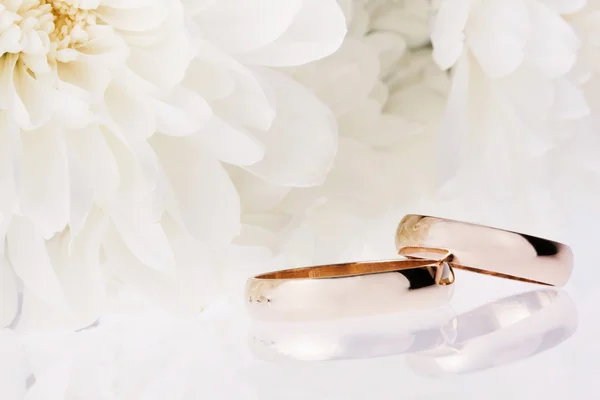 Flores brancas e anéis de casamento — Fotografia de Stock