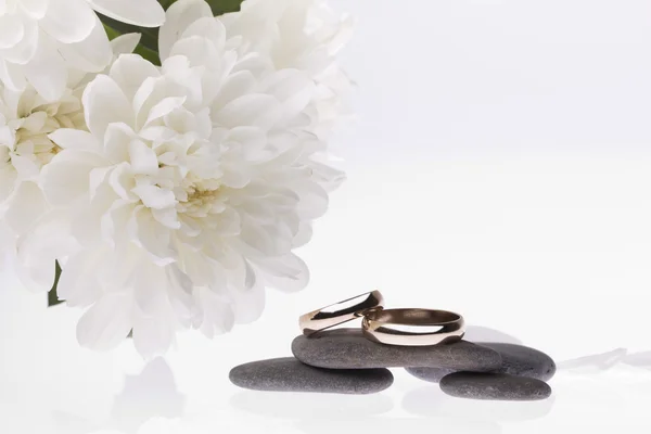 Flores blancas y anillos de boda —  Fotos de Stock