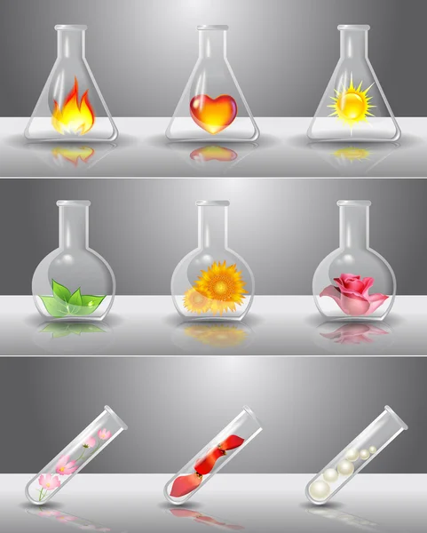 Laborflaschen mit verschiedenen Dingen im Inneren — Stockvektor
