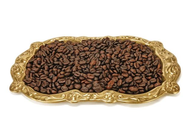 Grains of roasted coffee on a tray — Stock Photo, Image