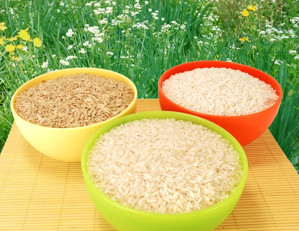Três tipos de arroz em placas — Fotografia de Stock
