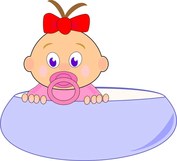 Babymeisje met rode strik in blauwe cup - strip cartoon vectorillustratie geïsoleerd op witte achtergrond — Stockvector