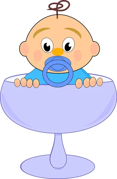 Baby boy with nipple in blue glass - vector comic illustration isolated on white background — Stock Vector