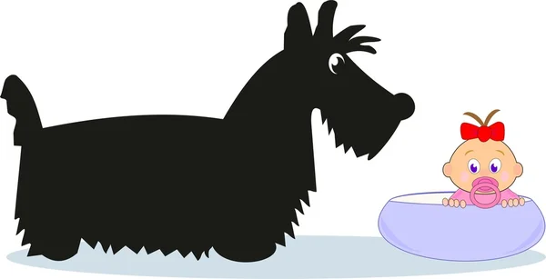 Bebé (Thumbelina) con lazo rojo en taza azul y cachorro negro - ilustración de dibujos animados vectorial cómic aislado sobre fondo blanco — Vector de stock