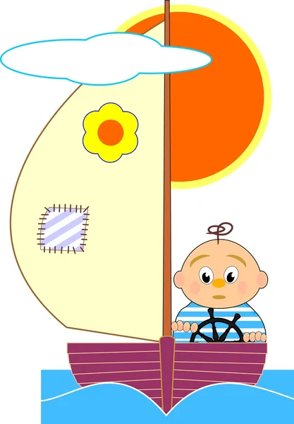 Sailboat and sailor boy - cartoon illustration. — Stock Vector
