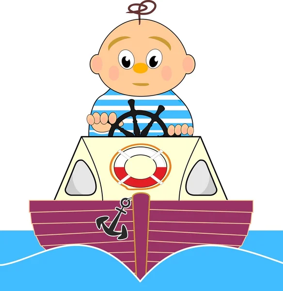 Bagnino, barca a motore e marinaio ragazzo - vettore cartone animato illustrazione isolato su sfondo bianco — Vettoriale Stock