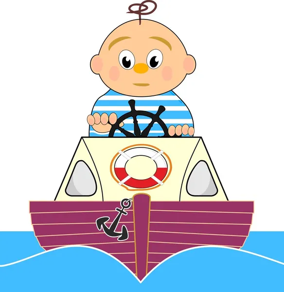 Рятувальник, моторний човен і матрос хлопчик векторна мультиплікаційна ілюстрація Ізольовані на білому тлі Ліцензійні Стокові Вектори