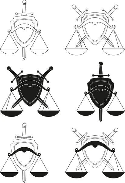 Conjunto de emblemas escudo, espada y escamas símbolos de la ley, el orden, la justicia, la corte. Símbolos de armadura. Ilustración aislada (siluetas negras, contornos) sobre fondo blanco — Archivo Imágenes Vectoriales