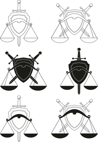 Set lambang - perisai, pedang dan timbangan - simbol hukum, ketertiban, keadilan, pengadilan. Simbol Armorial. Ilustrasi terisolasi (siluet hitam, kontur) pada latar belakang putih - Stok Vektor