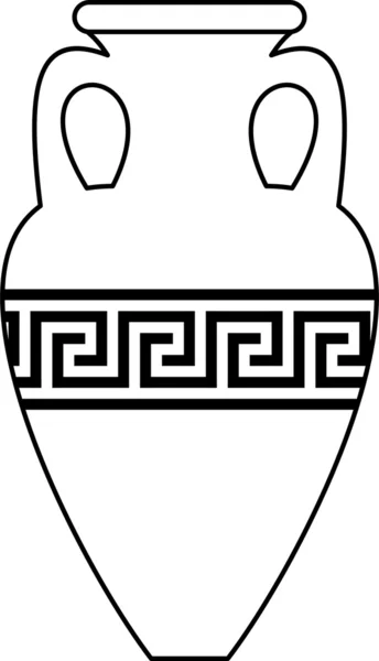 Векторный белый силуэт (контур) древней амфоры (вазы) с традиционным греческим абстрактным меандром - изолированная иллюстрация на белом фоне — стоковый вектор