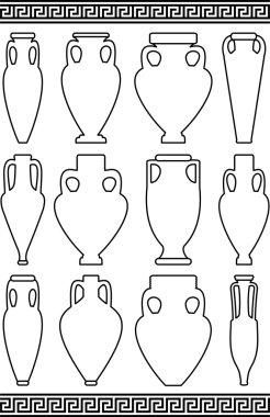 Vector set of black contours (white silhouettes) of ancient amphorae and vases, traditional Greek abstract meander pattern - isolated illustration on white background clipart