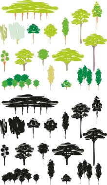 Vector color illustration isolated trees cartoon set of silhouettes clipart