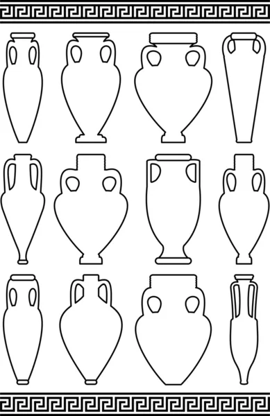 Set vettoriale di contorni neri (silhouette bianche) di anfore e vasi antichi, motivo tradizionale greco astratto a meandro - illustrazione isolata su sfondo bianco — Vettoriale Stock