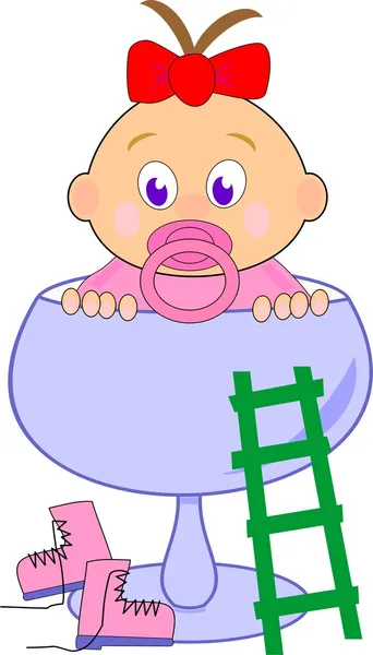 Meisje van de baby (Thumbelina) met rode strik in blauw glas en ladder - grappige cartoon vectorillustratie geïsoleerd op witte achtergrond — Stockvector