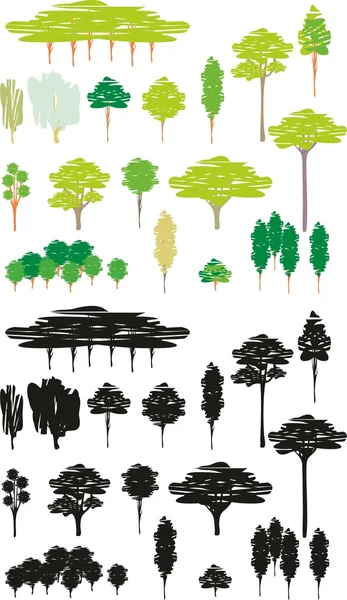 Ilustración a color vectorial árboles aislados conjunto de dibujos animados de siluetas — Vector de stock